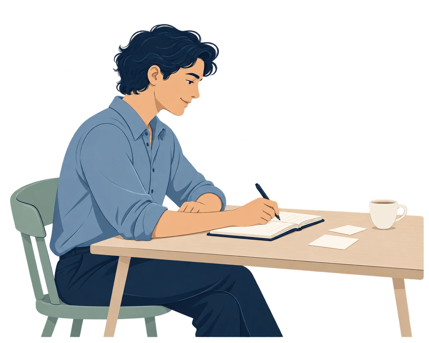 Una persona escribe en un cuaderno con una expresión amable y una postura relajada.